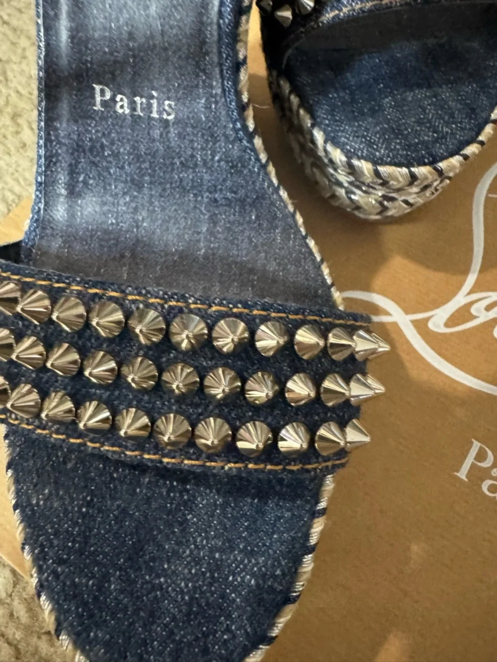 Christian Louboutin 💯% Authentic Denim Studded Espadrille Wedge Sandals -Size 38